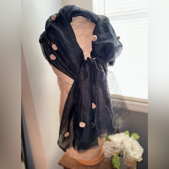 Randi & Will Collection Sheer Black Wool & Silk Scarf w/Taupe PomPoms - Picture 1 of 3